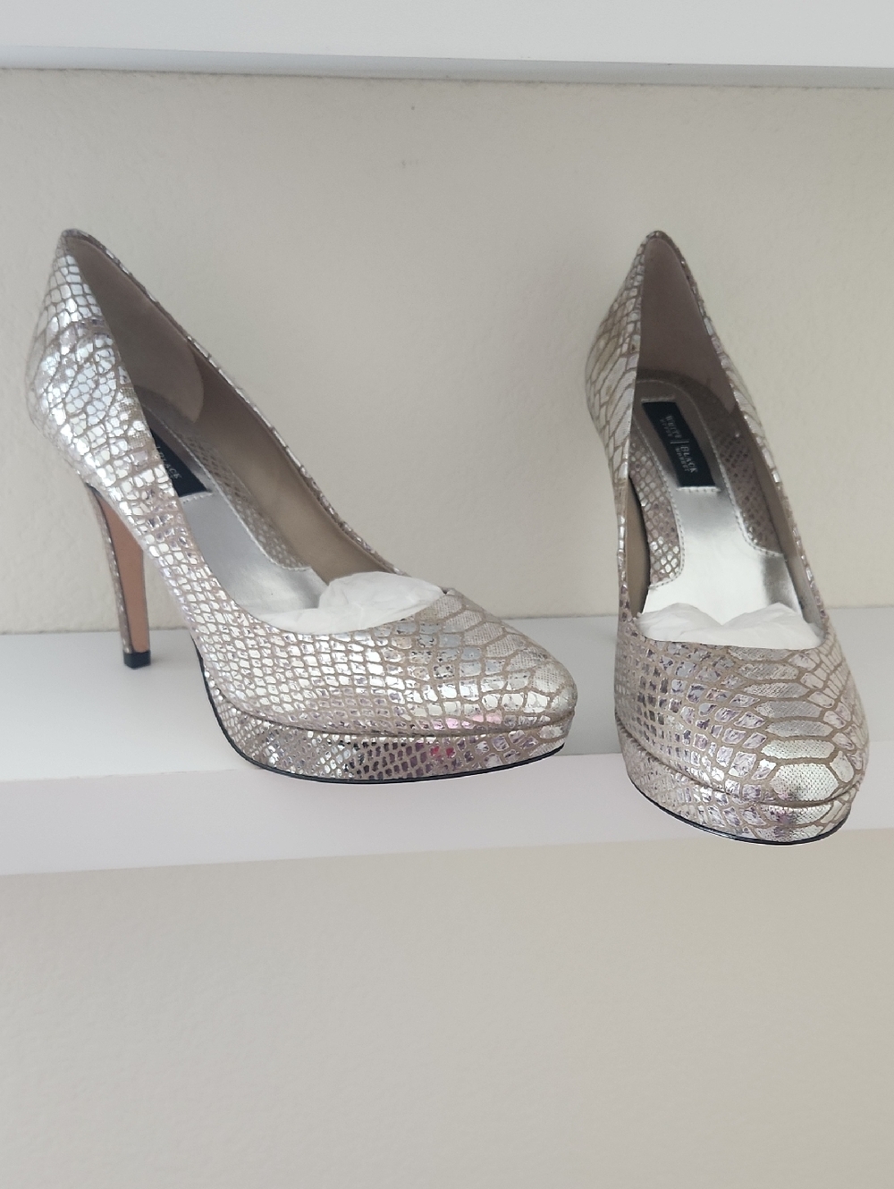 White House Black Market Silver Embossed Pumps